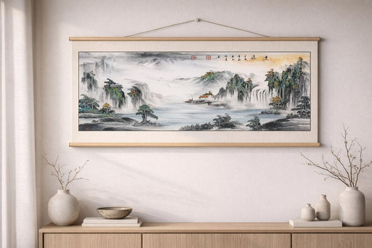 Misty Mountains & Waterfalls – Large Panoramic Shanshui Landscape | Original Signed Ink Painting