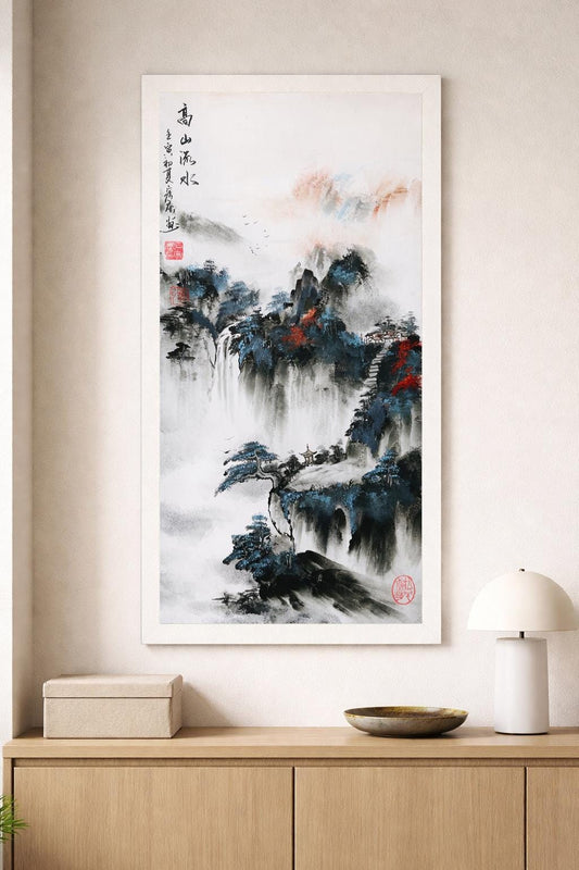 Original Chinese Landscape Art, Large Vertical Japandi Wall Decor, Misty Mountains & Waterfall, Signed + Seal