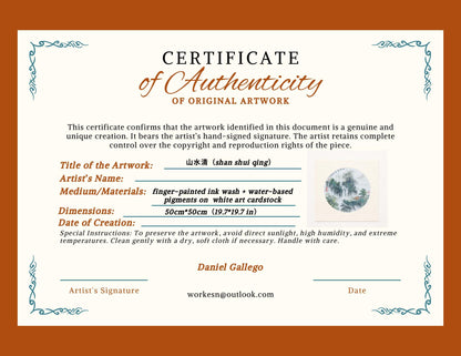 Circular Waterfall Landscape – Original Shanshui Ink Painting 50x50cm | Signed & Sealed