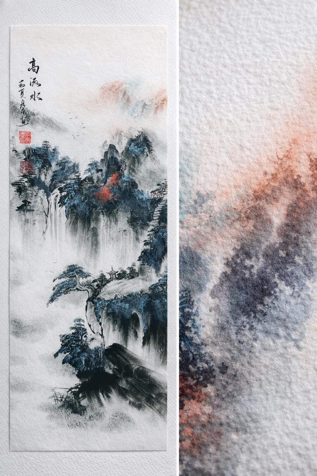 Original Chinese Landscape Art, Large Vertical Japandi Wall Decor, Misty Mountains & Waterfall, Signed + Seal