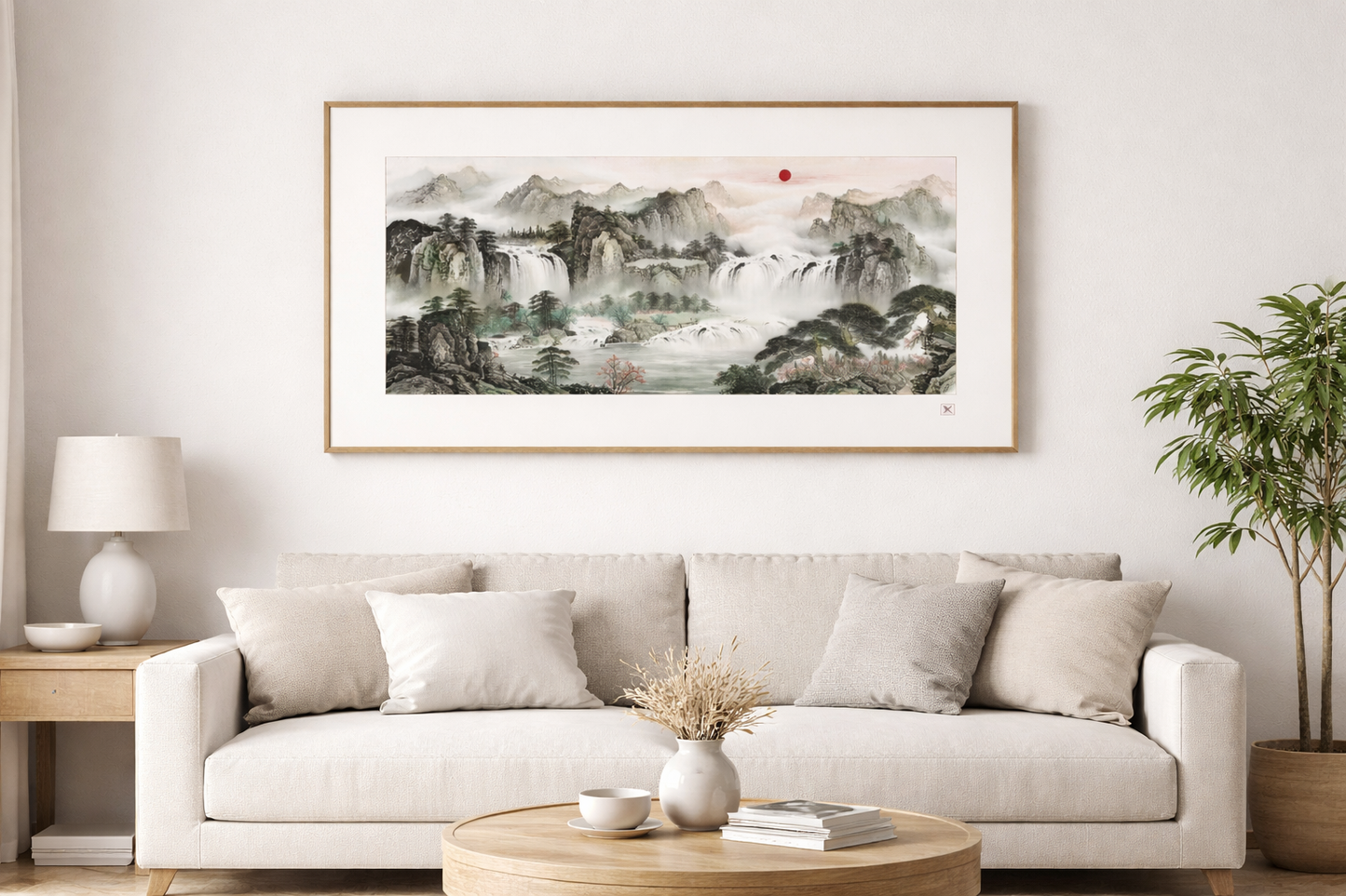 Misty Waterfalls & Red Sun — Panoramic Chinese Ink Landscape Print (Inkjet, Unframed)