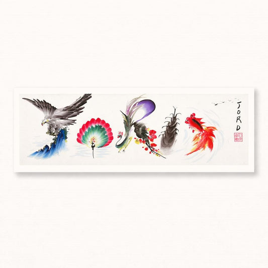 Custom Panoramic Ink Painting – Eagle, Koi & Plum Blossom | Made to Order Shanshui Art