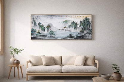 Misty Mountains & Waterfalls – Large Panoramic Shanshui Landscape | Original Signed Ink Painting