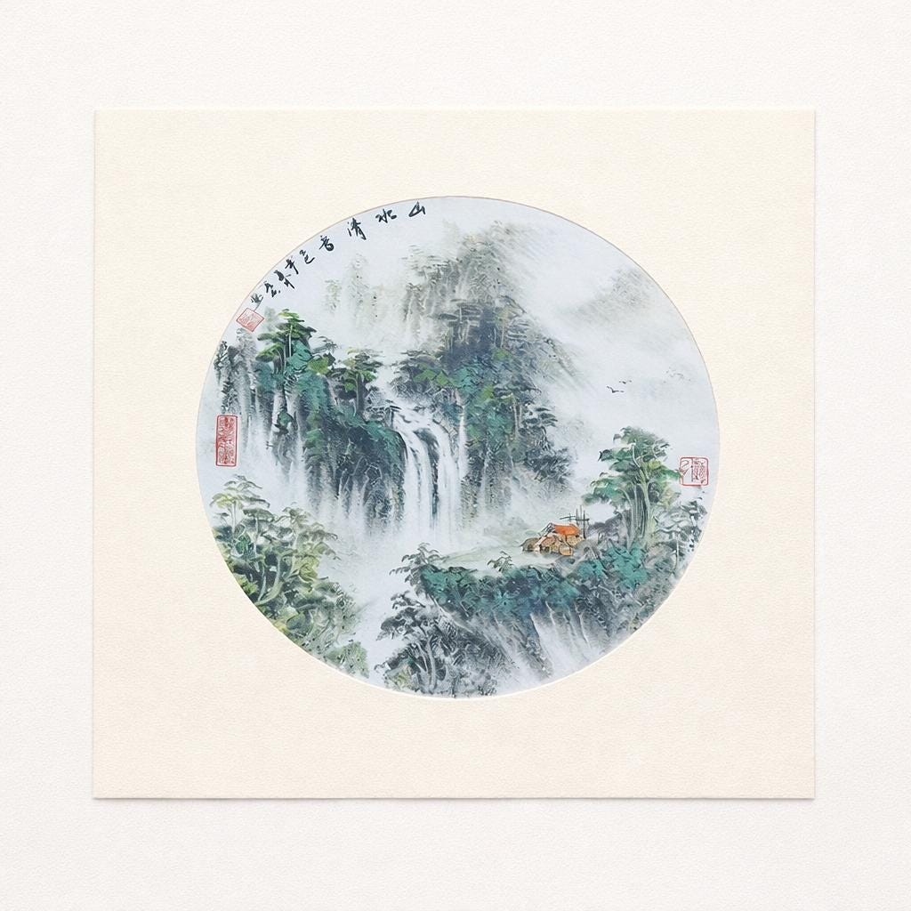 Circular Waterfall Landscape – Original Shanshui Ink Painting 50x50cm | Signed & Sealed
