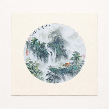 Circular Waterfall Landscape – Original Shanshui Ink Painting 50x50cm | Signed & Sealed