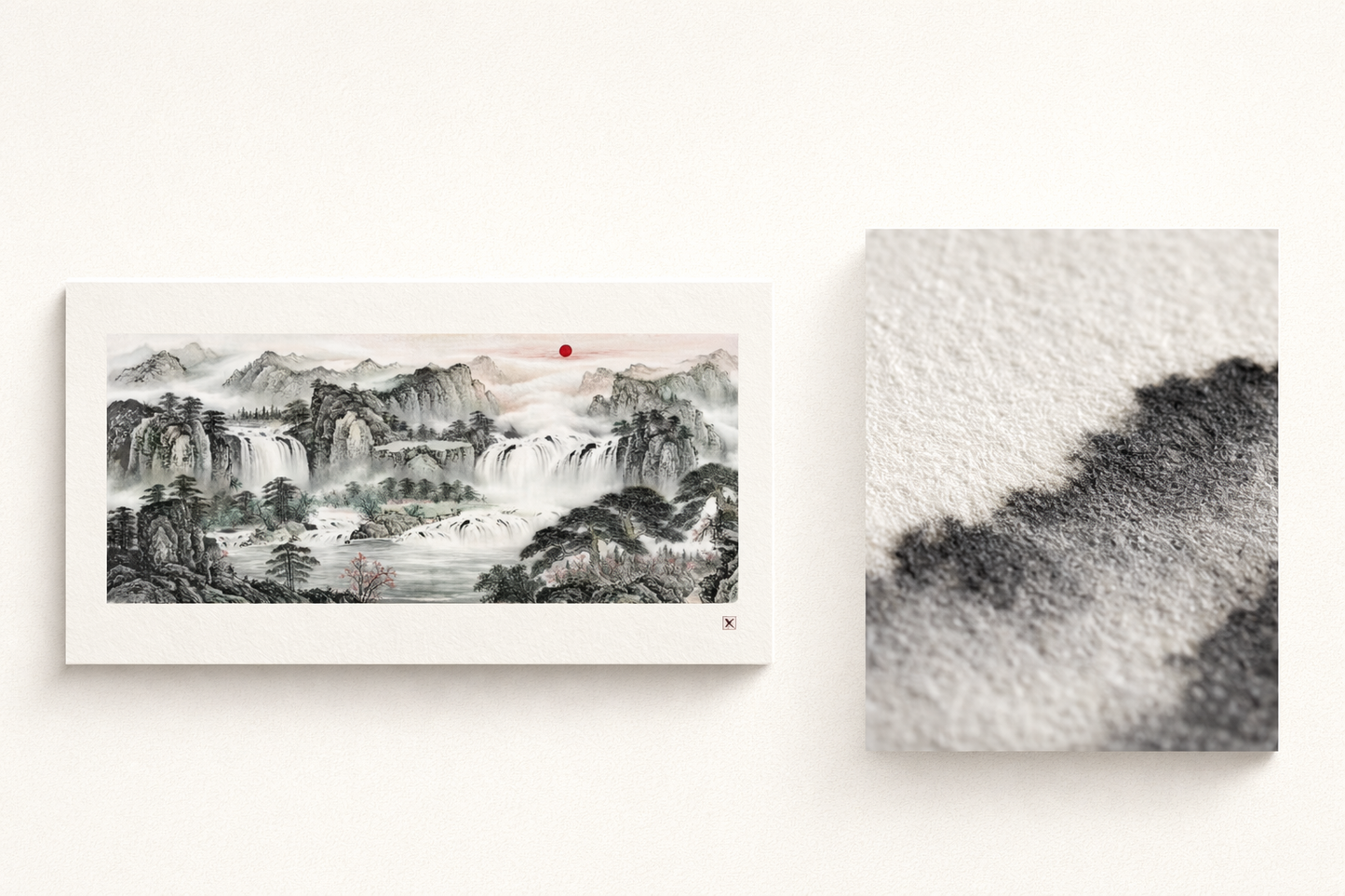 Misty Waterfalls & Red Sun — Panoramic Chinese Ink Landscape Print (Inkjet, Unframed)