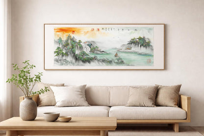 Rising Sun Panorama Painting, Original Chinese Ink Wash Landscape, 50x130cm Horizontal Wall Art, Made to Order
