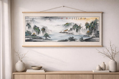 Misty Mountains & Waterfalls – Large Panoramic Shanshui Landscape | Original Signed Ink Painting