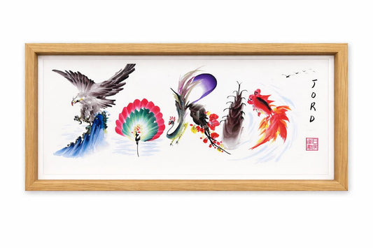 Custom Panoramic Ink Painting – Eagle, Koi & Plum Blossom | Made to Order Shanshui Art