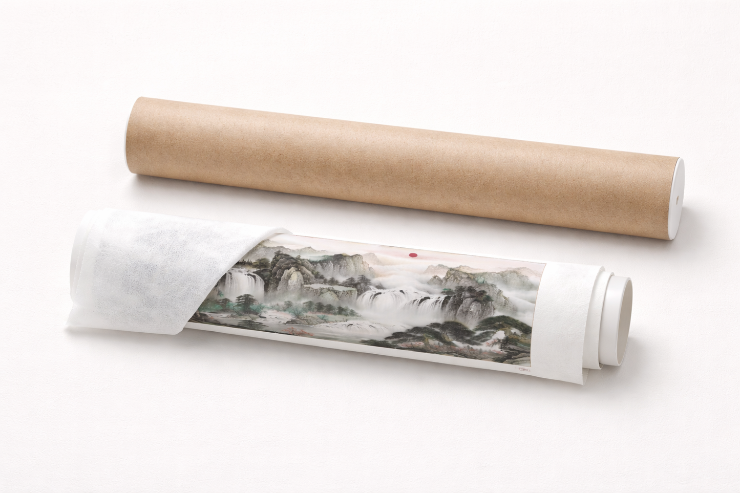 Misty Waterfalls & Red Sun — Panoramic Chinese Ink Landscape Print (Inkjet, Unframed)