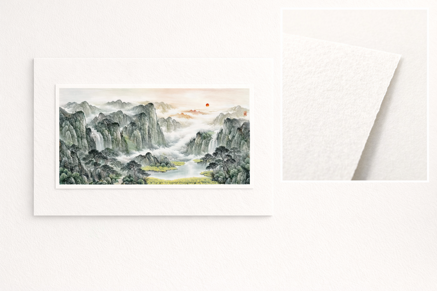 Misty Mountains & Waterfalls — Panoramic Chinese Landscape Art Print (Inkjet, Unframed)