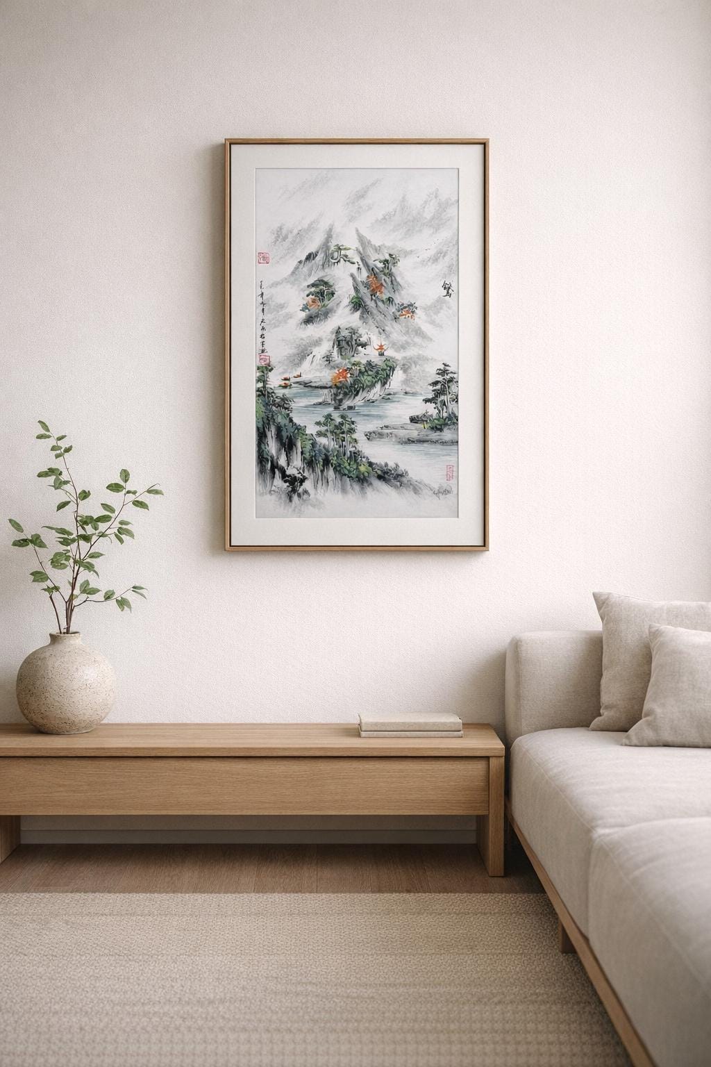 Misty Mountains & River – Vertical Shanshui Ink on Cardstock | Custom Sizes Available