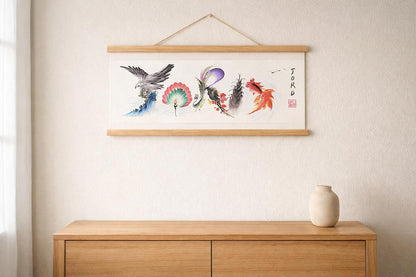 Custom Panoramic Ink Painting – Eagle, Koi & Plum Blossom | Made to Order Shanshui Art