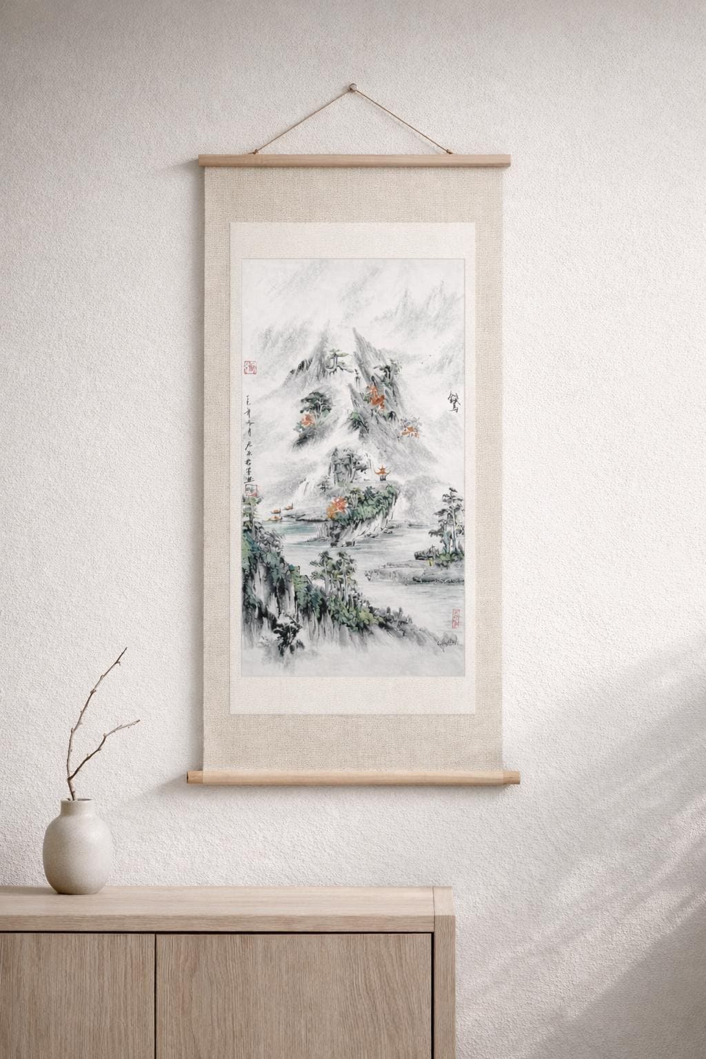 Misty Mountains & River – Vertical Shanshui Ink on Cardstock | Custom Sizes Available