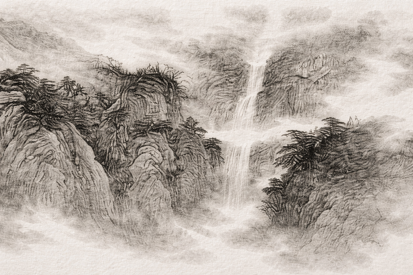 Misty Mountains & Waterfall — Chinese Ink Landscape Print (Panoramic, Unframed)
