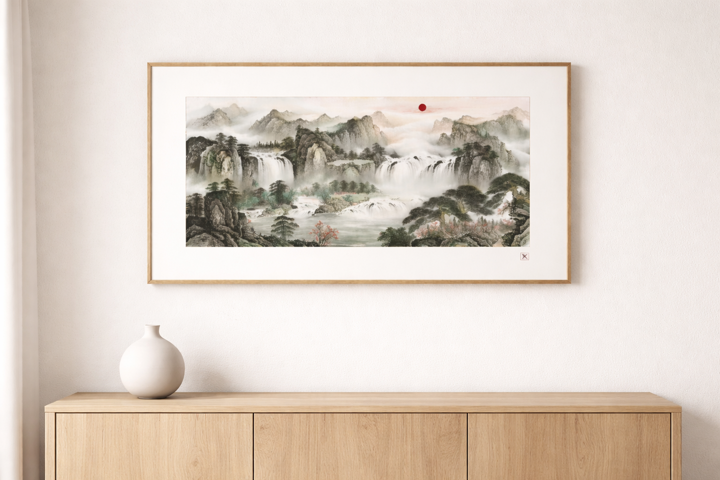 Misty Waterfalls & Red Sun — Panoramic Chinese Ink Landscape Print (Inkjet, Unframed)