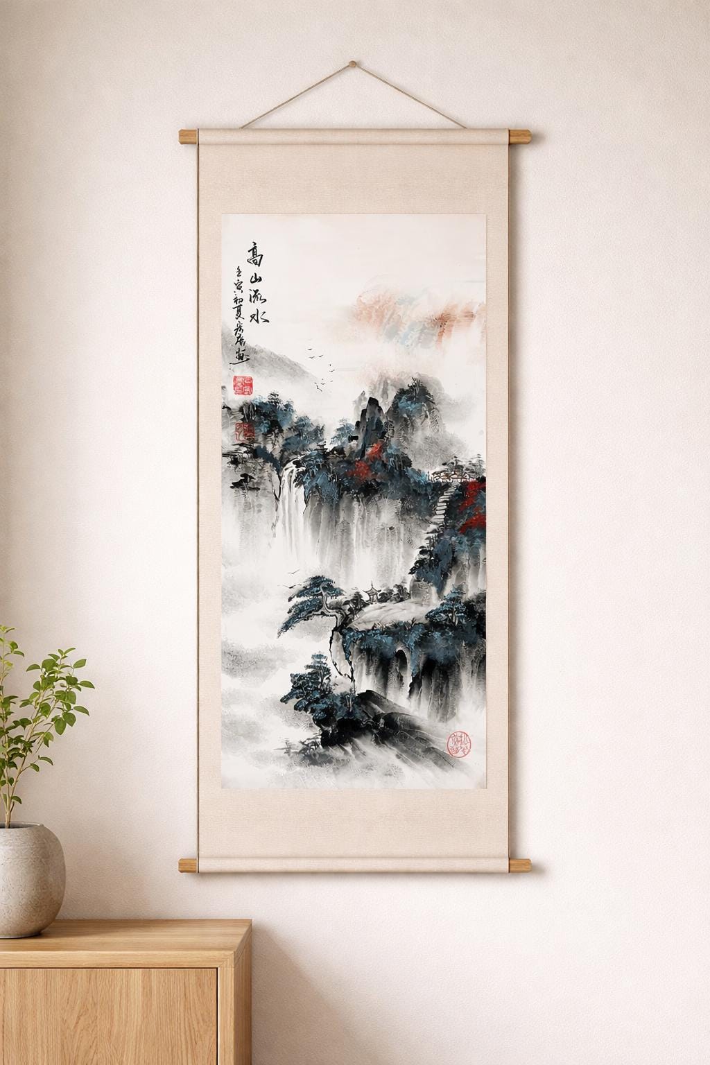 Original Chinese Landscape Art, Large Vertical Japandi Wall Decor, Misty Mountains & Waterfall, Signed + Seal