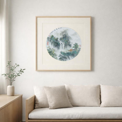 Circular Waterfall Landscape – Original Shanshui Ink Painting 50x50cm | Signed & Sealed
