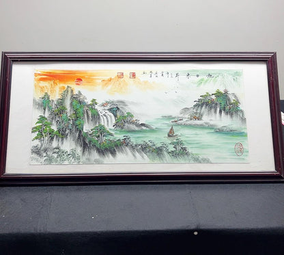 Rising Sun Panorama Painting, Original Chinese Ink Wash Landscape, 50x130cm Horizontal Wall Art, Made to Order