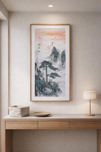 Chinese Ink Landscape Painting, Welcoming Pine Sunrise, Vertical Zen Wall Art, Made to Order
