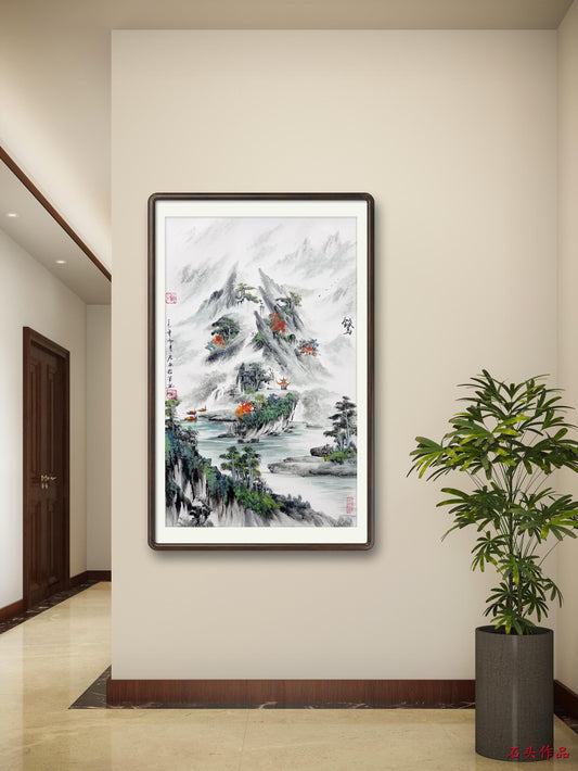 Misty Mountains & River – Vertical Shanshui Ink on Cardstock | Custom Sizes Available