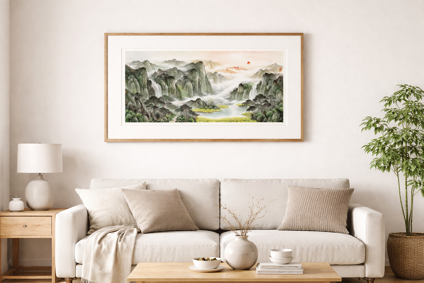 Misty Mountains & Waterfalls — Panoramic Chinese Landscape Art Print (Inkjet, Unframed)
