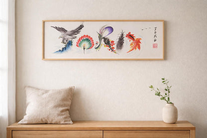 Custom Panoramic Ink Painting – Eagle, Koi & Plum Blossom | Made to Order Shanshui Art